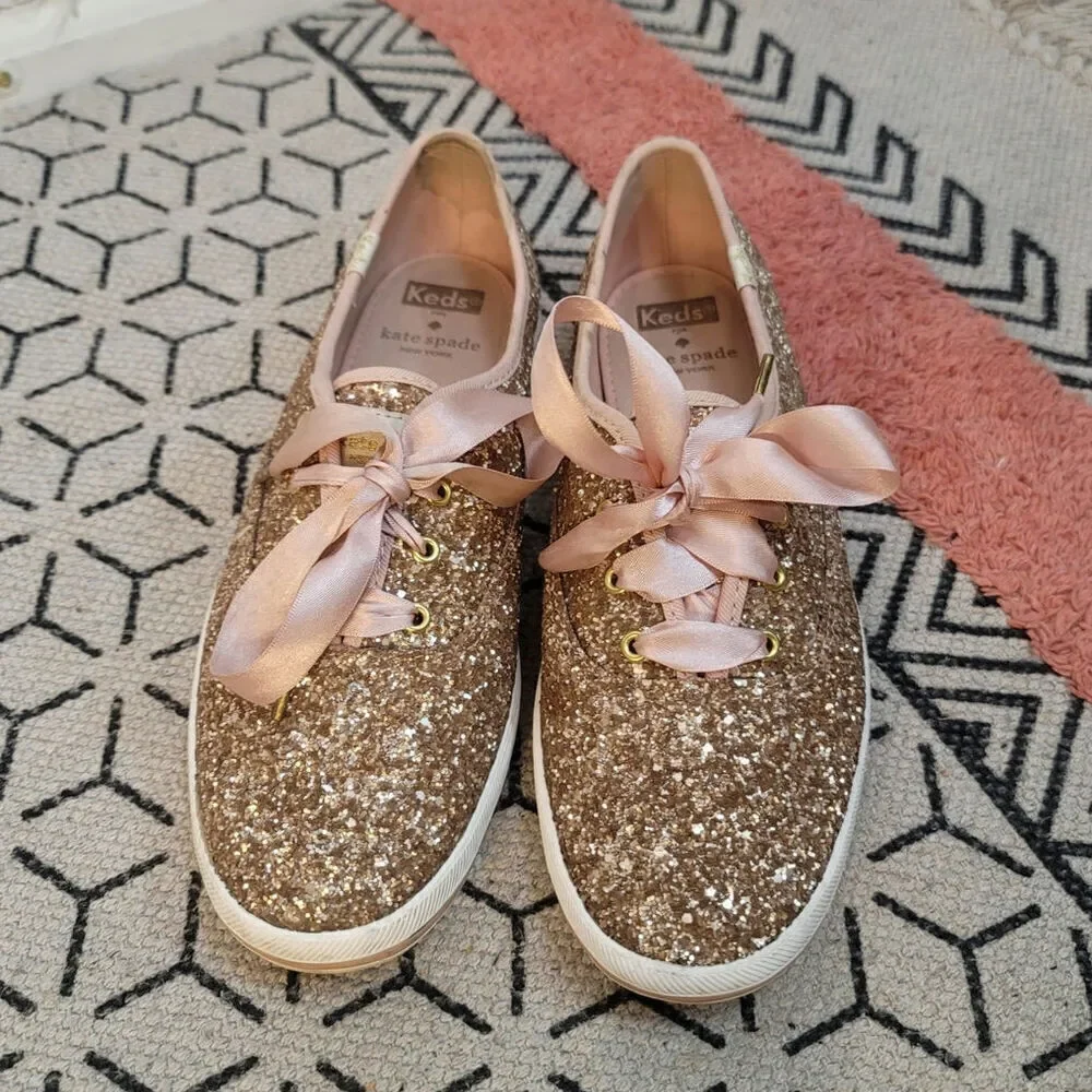 Keds Kate Spade New York Glitter Lace Up Sneakers in Rose Gold, sz 8